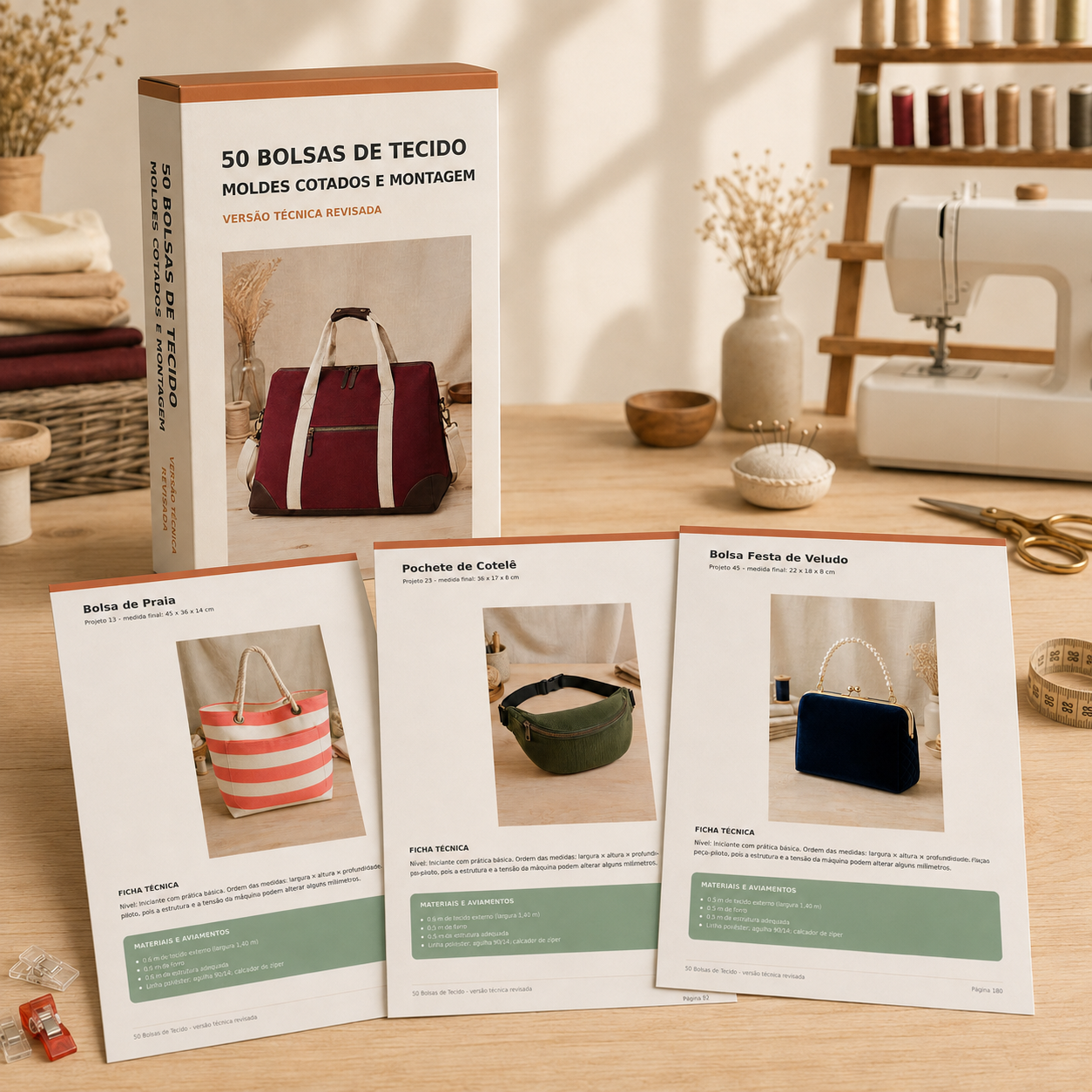 Caixa do material com três páginas de projetos de bolsas