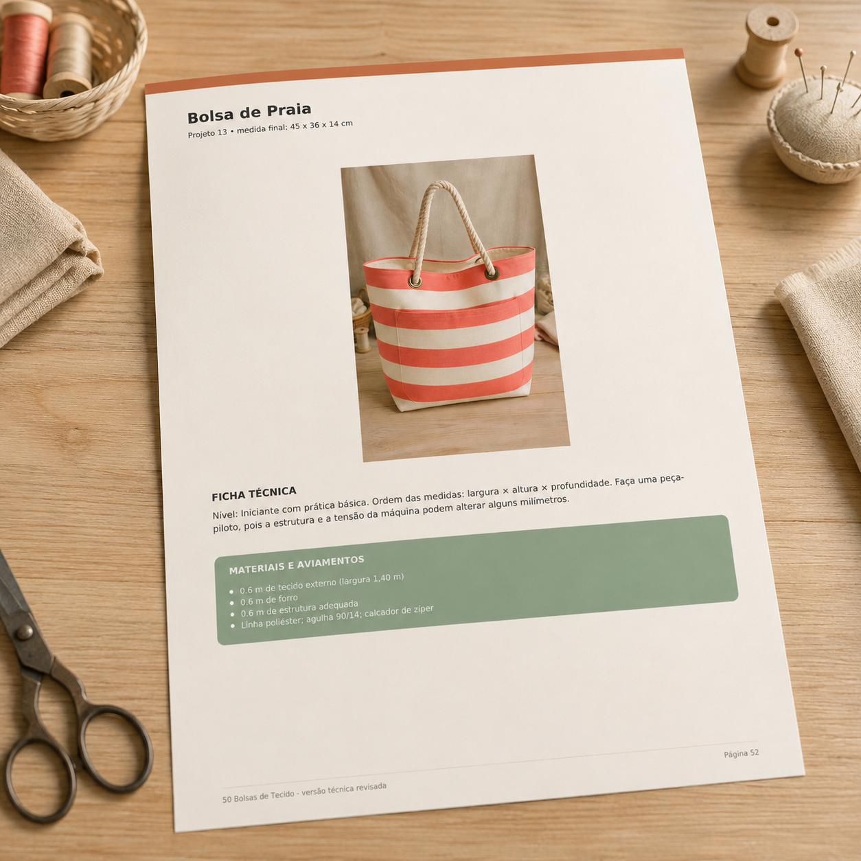 Página do PDF do projeto Bolsa de Praia com ficha técnica